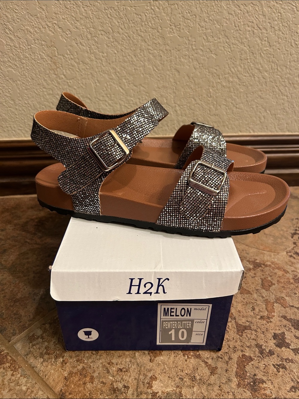 H2K Melon Pewter Glitter Buckle Strap Sandals - Pewter
